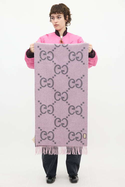 Gucci Purple 
Grey Cashmere Intarsia GG Logo Fringe Scarf