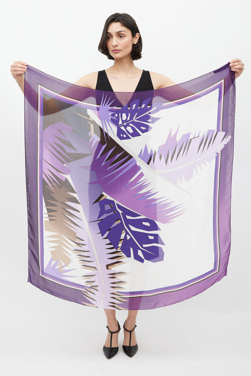 Gucci Purple 
White Leaf Printed Silk Scarf