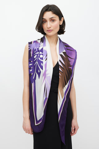 Gucci Purple 
White Leaf Printed Silk Scarf