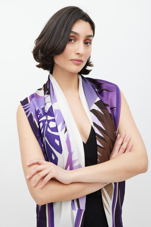 Gucci Purple 
White Leaf Printed Silk Scarf