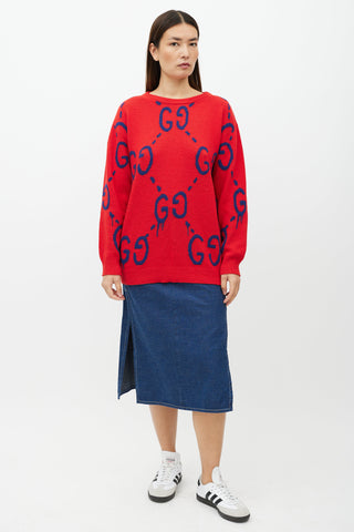 Gucci Red 
Blue GG Intarsia Knit Sweater