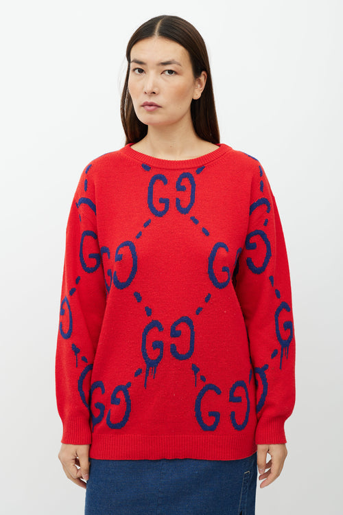 Gucci Red 
Blue GG Intarsia Knit Sweater