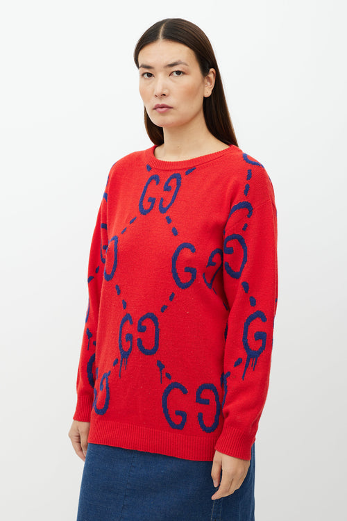 Gucci Red 
Blue GG Intarsia Knit Sweater