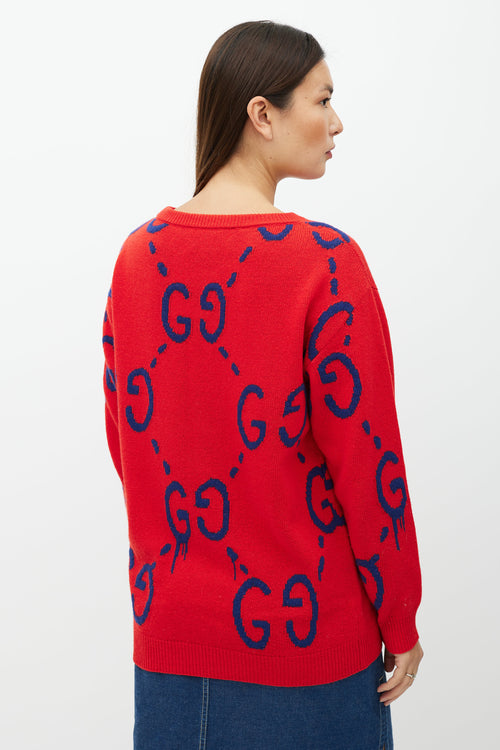 Gucci Red 
Blue GG Intarsia Knit Sweater