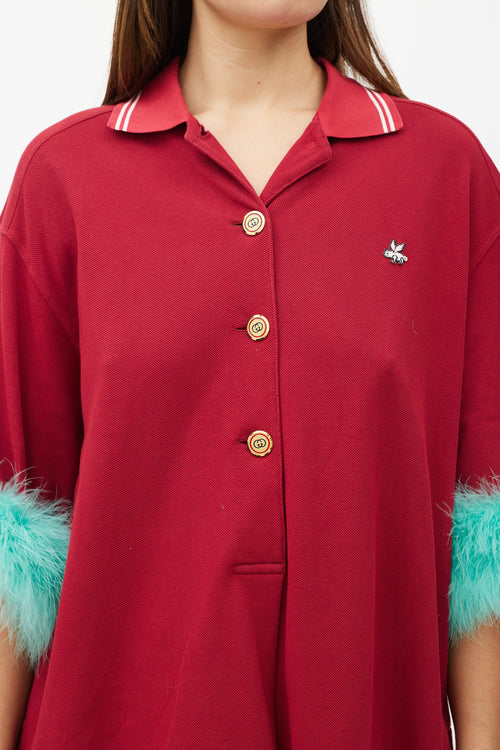 Gucci Red 
Green Feather Trim Polo