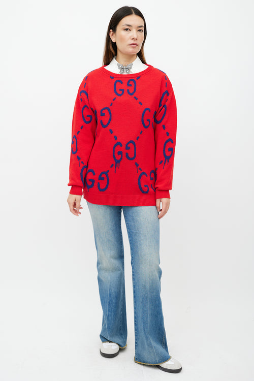 Gucci Red 
Blue Monogram Wool Knit Sweater