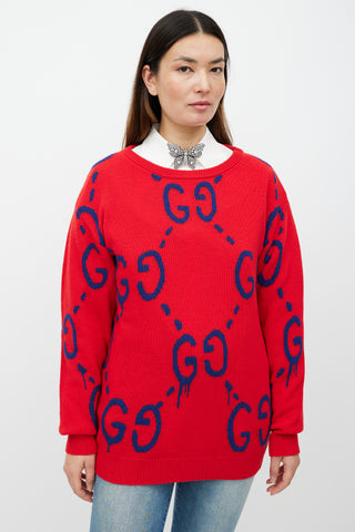 Gucci Red 
Blue Monogram Wool Knit Sweater