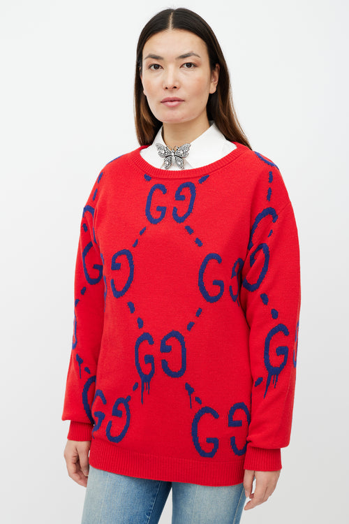 Gucci Red 
Blue Monogram Wool Knit Sweater