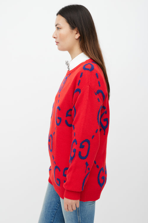 Gucci Red 
Blue Monogram Wool Knit Sweater