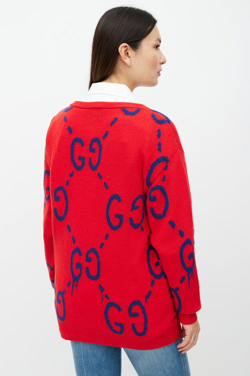 Gucci Red 
Blue Monogram Wool Knit Sweater