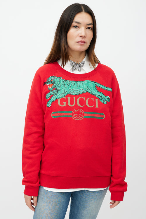 Gucci Red 
Green Embroidered Logo Sweatshirt