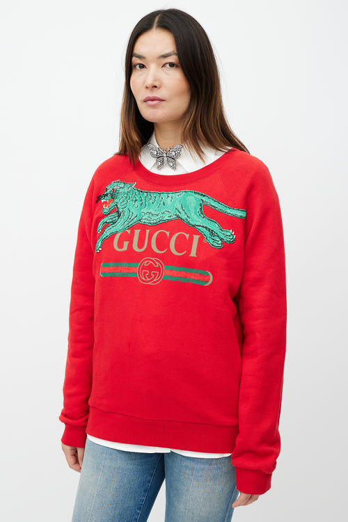 Gucci Red 
Green Embroidered Logo Sweatshirt