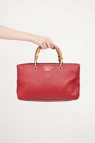 Gucci Red Leather Bamboo Shopping Tote