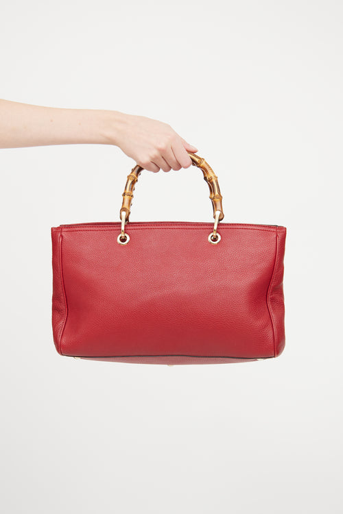 Gucci Red Leather Bamboo Shopping Tote