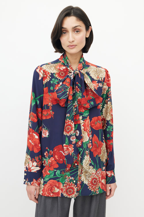 Gucci Red 
Multicolour Silk Floral Neck Tie Blouse