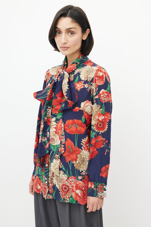 Gucci Red 
Multicolour Silk Floral Neck Tie Blouse