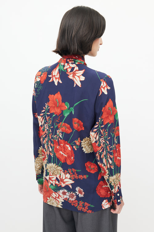 Gucci Red 
Multicolour Silk Floral Neck Tie Blouse