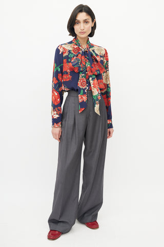 Gucci Red 
Multicolour Silk Floral Neck Tie Blouse