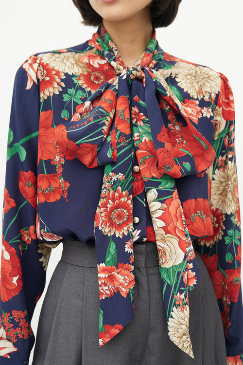 Gucci Red 
Multicolour Silk Floral Neck Tie Blouse