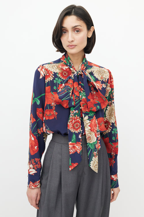 Gucci Red 
Multicolour Silk Floral Neck Tie Blouse