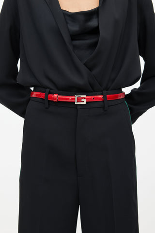 Gucci Red 
Silver Patent G Buckle Belt