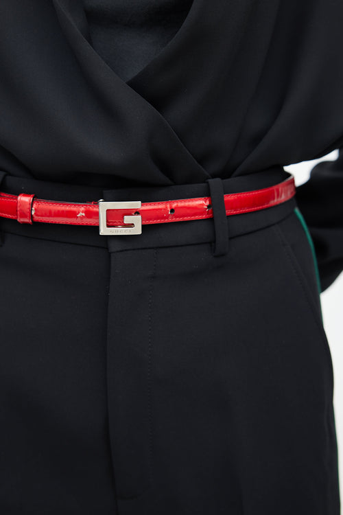 Gucci Red 
Silver Patent G Buckle Belt