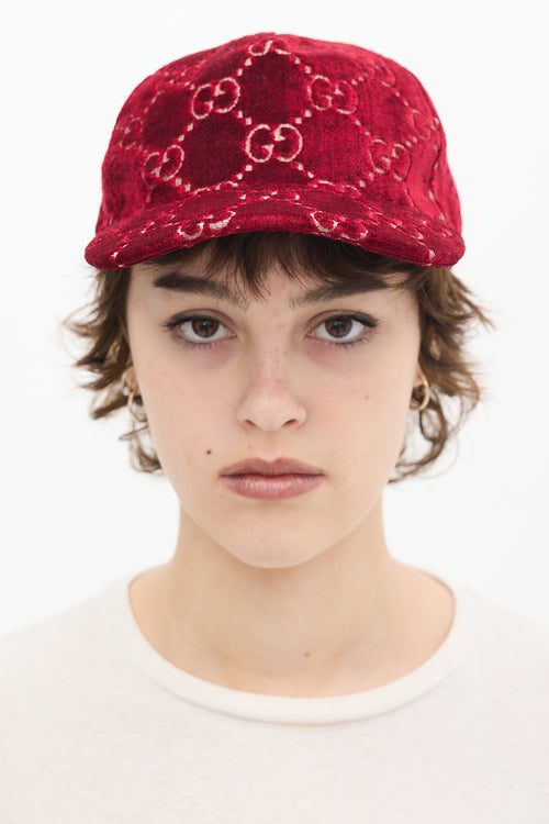 Gucci Red Velvet Embroidered GG Logo Baseball Hat