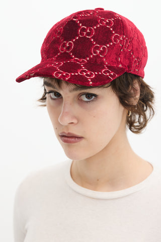 Gucci Red Velvet Embroidered GG Logo Baseball Hat