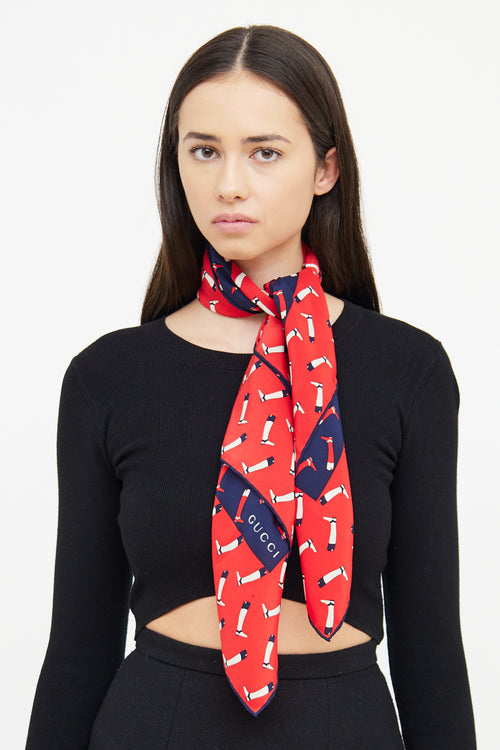 Gucci Red 
Navy Riding Boot Silk Scarf