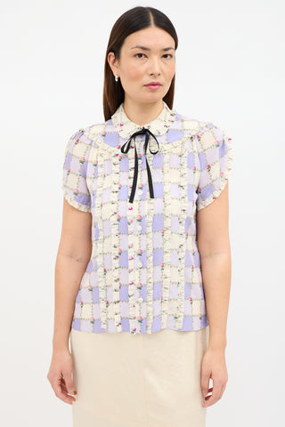 Silk Floral Checker Ruffle Blouse