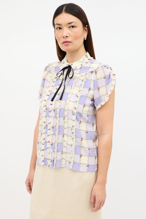 Silk Floral Checker Ruffle Blouse