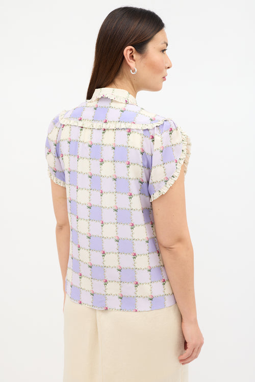 Silk Floral Checker Ruffle Blouse