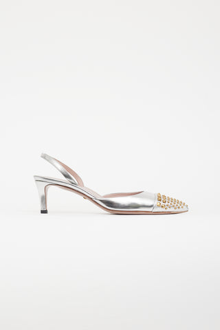 Gucci Silver 
Gold Leather Stud Slingback Pump