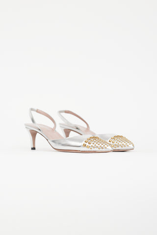 Gucci Silver 
Gold Leather Stud Slingback Pump