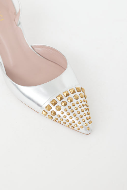 Gucci Silver 
Gold Leather Stud Slingback Pump