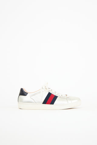 Gucci Silver Leather Ace Sneaker