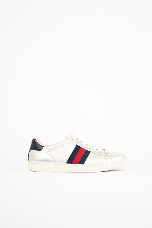 Gucci Silver Leather Ace Sneaker