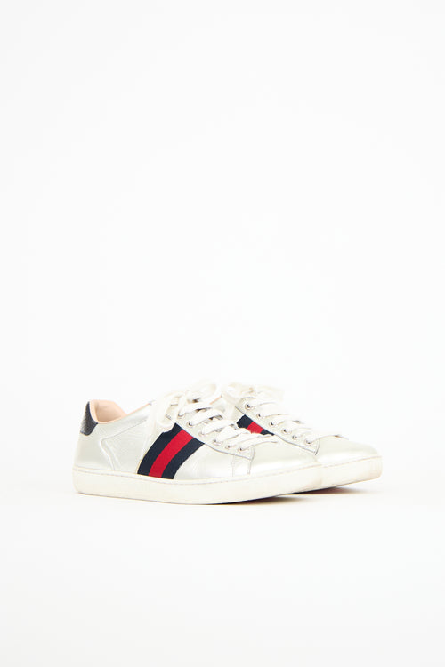 Gucci Silver Leather Ace Sneaker