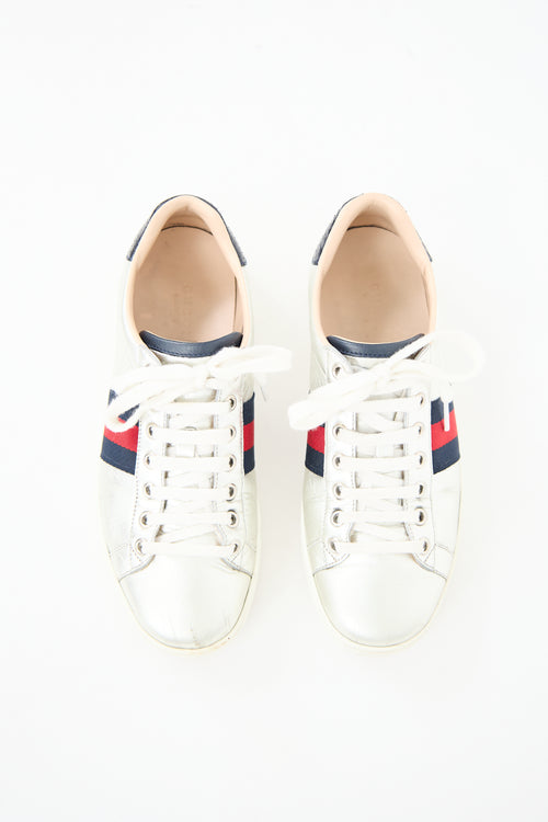 Gucci Silver Leather Ace Sneaker