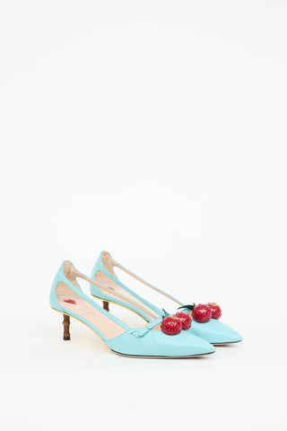 Gucci Blue 
Red Leather Unia Cherry Pump