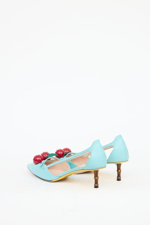 Gucci Blue 
Red Leather Unia Cherry Pump