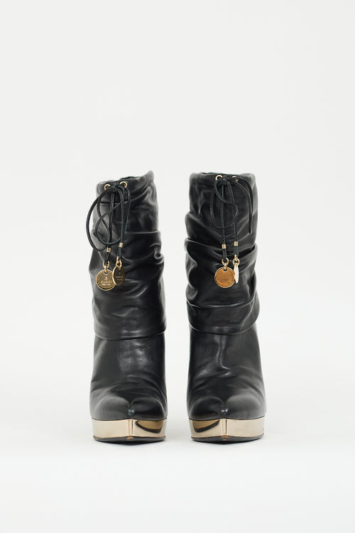 Gucci Vintage Black Leather Charm Heeled Boot