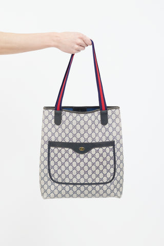 Gucci Vintage Navy 
Beige Sherry Line GG Plus Tote Bag