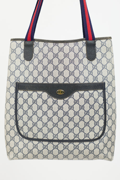 Gucci Vintage Navy 
Beige Sherry Line GG Plus Tote Bag