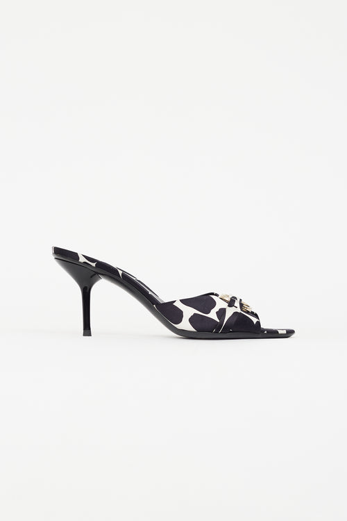 Gucci White 
Black Satin Heeled Mule