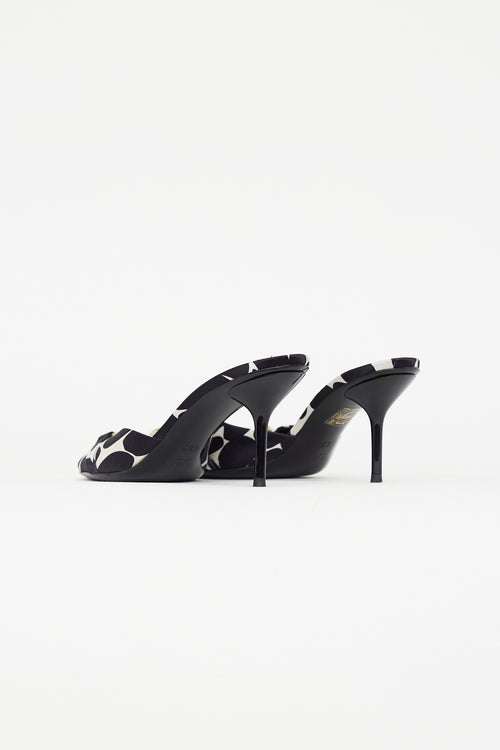 Gucci White 
Black Satin Heeled Mule