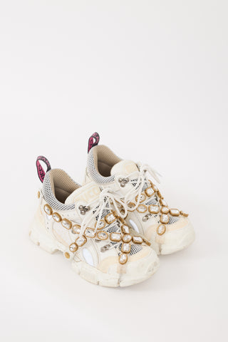 Gucci White Embellished Flashtrek Sneaker