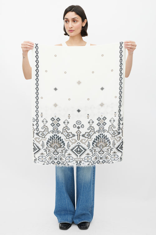 Gucci White 
Grey Pixel Printed Silk Scarf