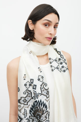 Gucci White 
Grey Pixel Printed Silk Scarf