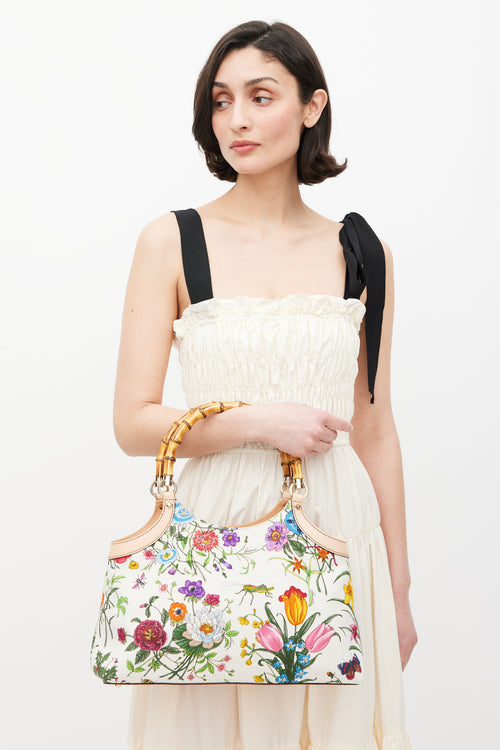 Gucci White 
Multicolour Diana Floral Bamboo Handle Bag